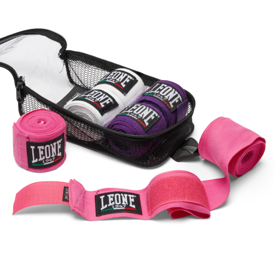 Pack de 3 pares de Vendas de Boxeo Leone 1947 3,5 metros  rosa-blanco-violeta