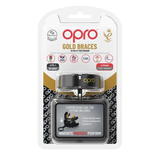 Protector bucal Opro Gold especial para braquets negro-dorado